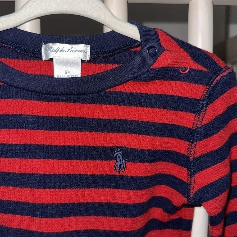 Ralph Lauren Baby Boy Navy + Red Striped 100% Cotton Pullover Sweater Comfy 9 M